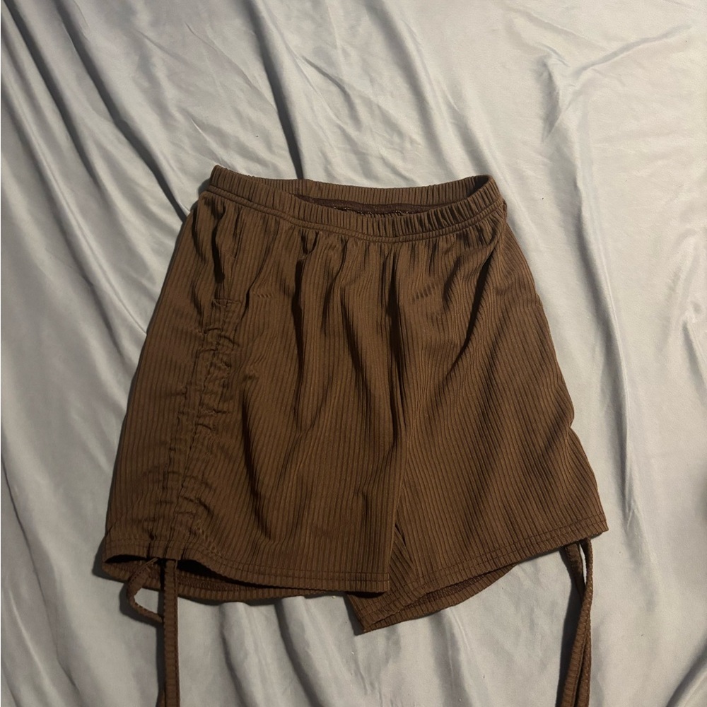 ROMWE Brown Ribbed High-Waist Drawstring Shorts
